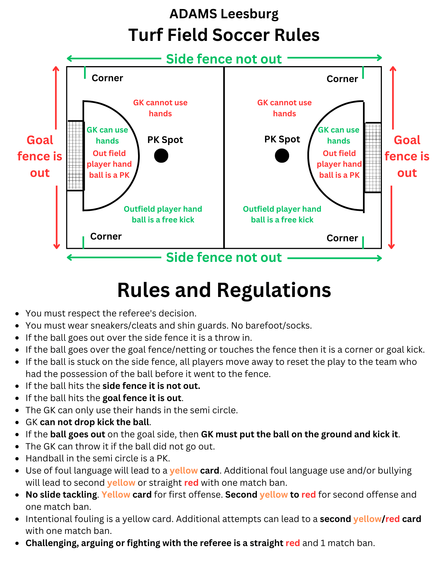 ADAMS Leesburg Turf Field Soccer Rules